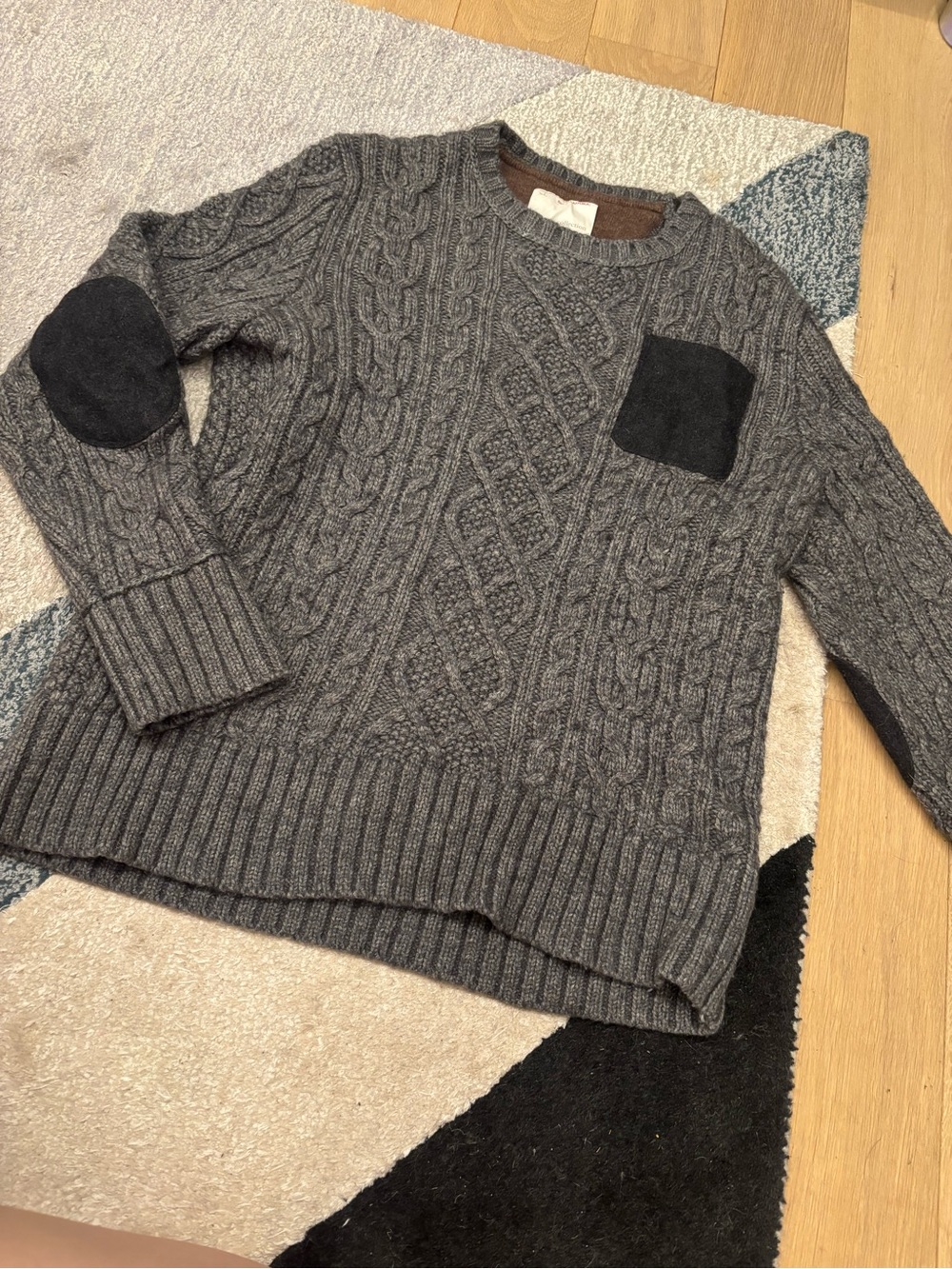 Banana Republic Heritage Mens Gray Cable Knit Crewneck Sweater Elbow Patches XL